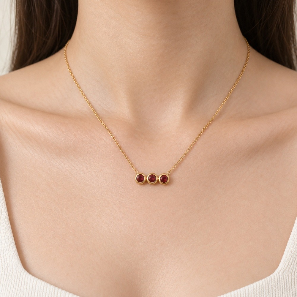 Dainty Gold Plated Stainless Steel Red CZ Triple Stone Necklace 16-18"